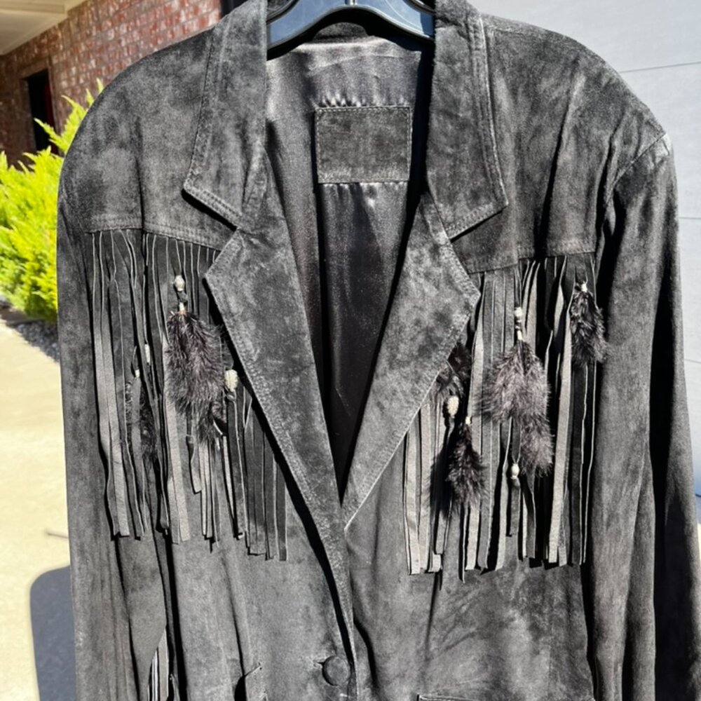 Women's Vintage (90s) Black Leather Fringe Western Duster - Picture 4 of 10